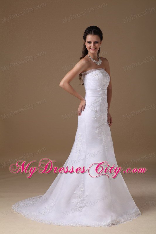 Beautiful A-line Brush Train Lace Wedding Dress with Bowknot