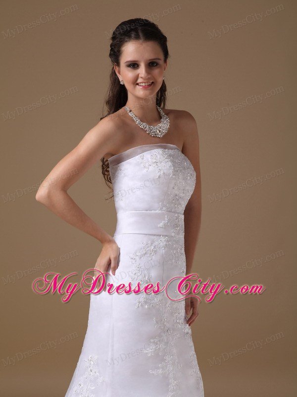 Beautiful A-line Brush Train Lace Wedding Dress with Bowknot