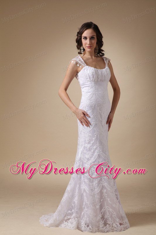 Fashionable Square Neck Brush Train Satin and Lace Bridal Gown