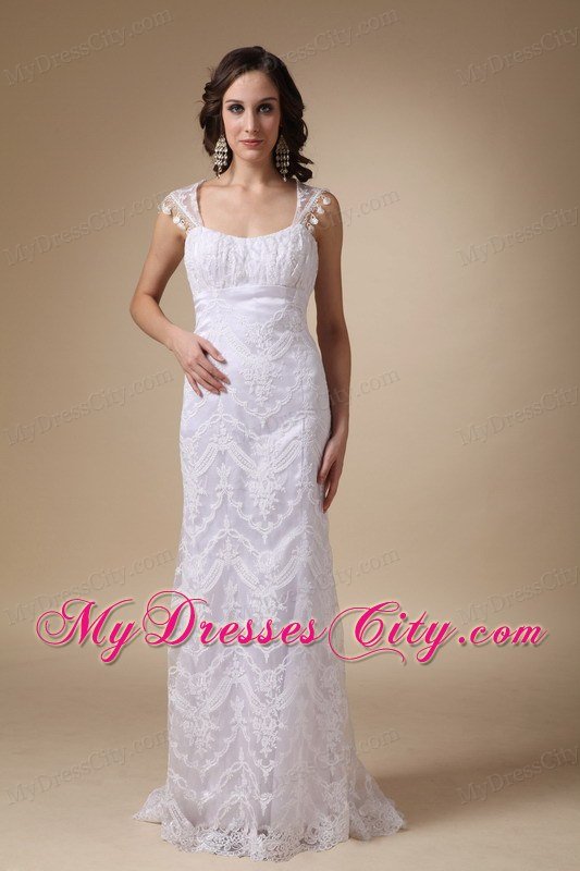 Fashionable Square Neck Brush Train Satin and Lace Bridal Gown