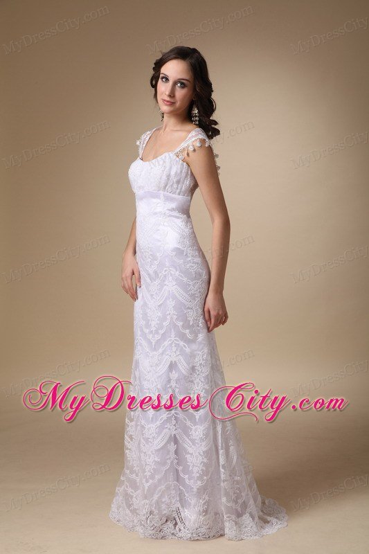 Fashionable Square Neck Brush Train Satin and Lace Bridal Gown