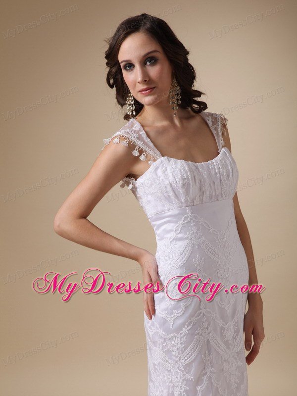 Fashionable Square Neck Brush Train Satin and Lace Bridal Gown