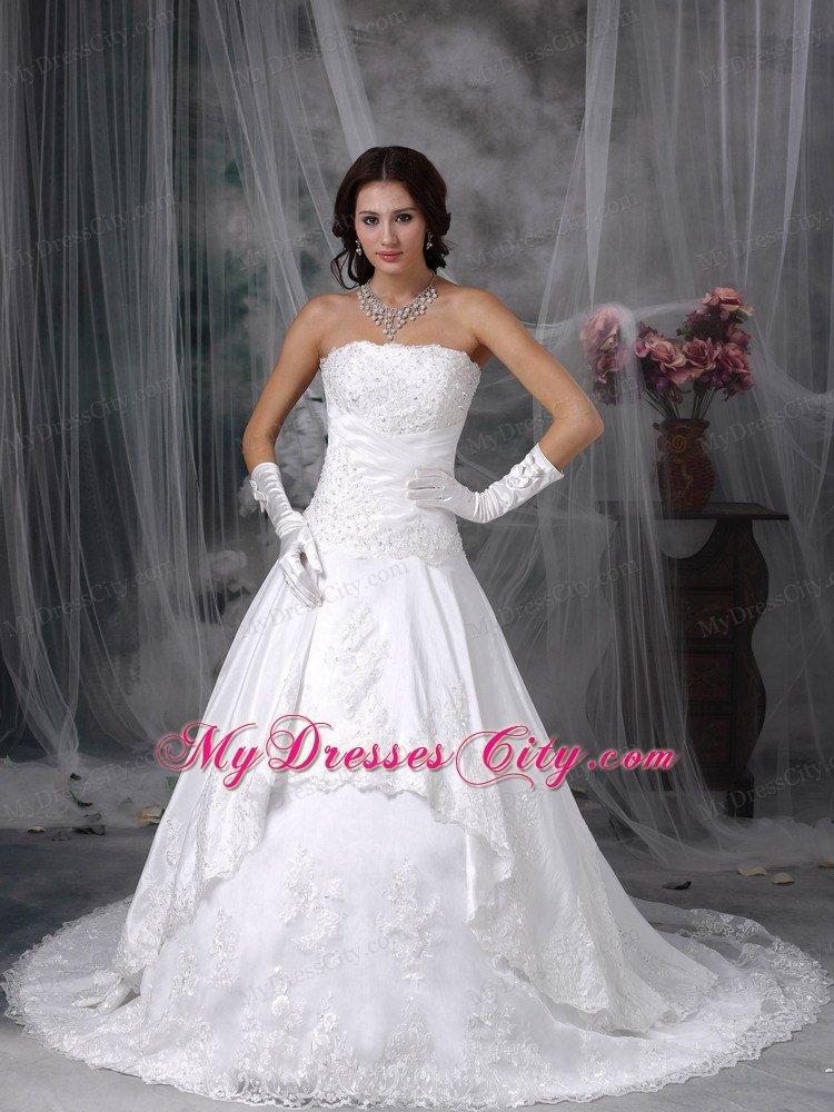 Latest Princess Strapless Court Train Lace Wedding Bridal Gown