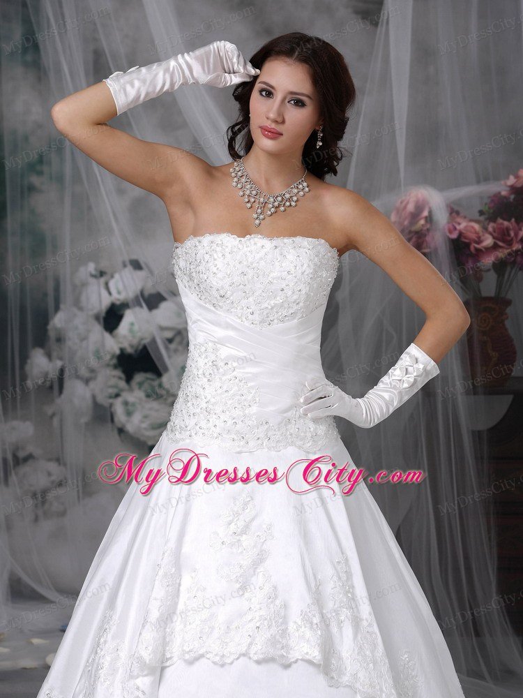 Latest Princess Strapless Court Train Lace Wedding Bridal Gown