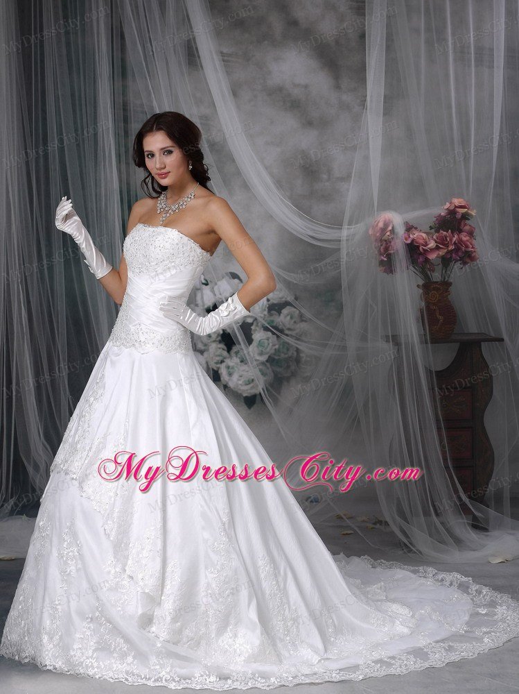 Latest Princess Strapless Court Train Lace Wedding Bridal Gown