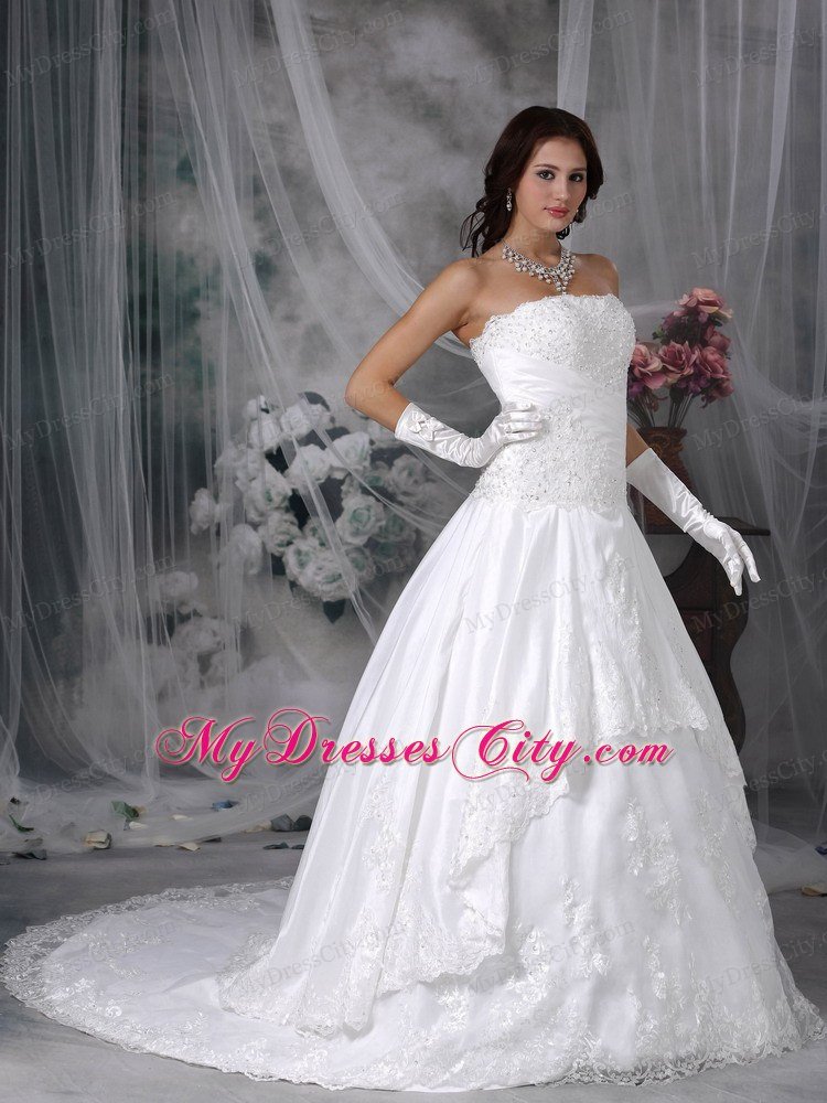 Latest Princess Strapless Court Train Lace Wedding Bridal Gown