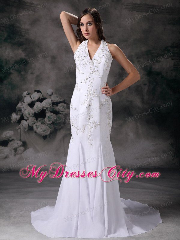 Mermaid Halter Top Court Train Chiffon Beading Wedding Dress