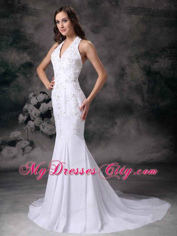 Mermaid Halter Top Court Train Chiffon Beading Wedding Dress