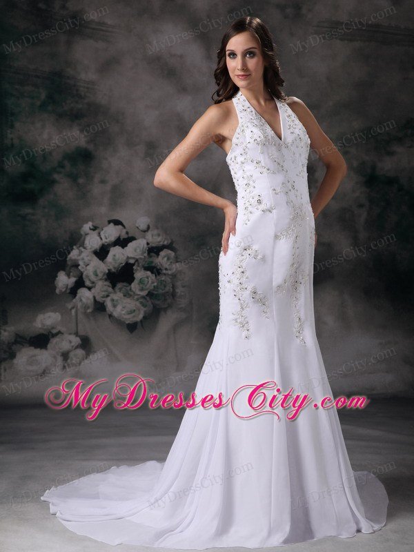 Mermaid Halter Top Court Train Chiffon Beading Wedding Dress