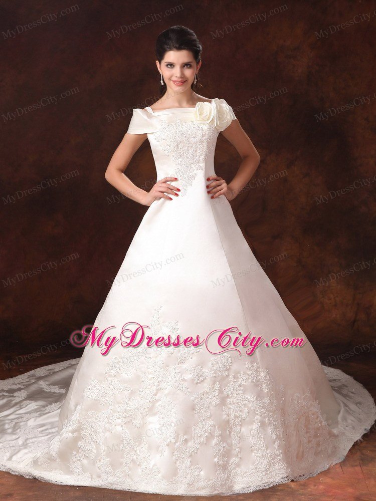 Off The Shoulder Appliques Cathedral Train Lace Wedding Dress