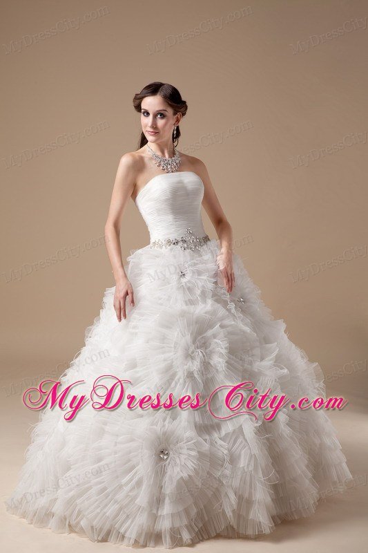 Ball Gown Satin and Tulle Beading Wedding Dress with Flowers