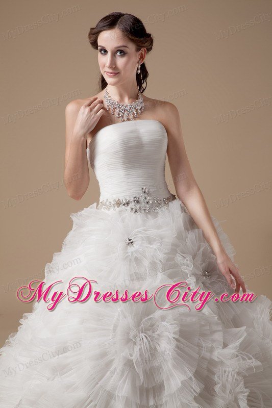 Ball Gown Satin and Tulle Beading Wedding Dress with Flowers