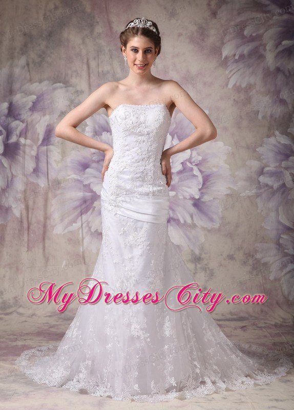 Mermaid Strapless Court Train Lace Appliques Dress for Wedding