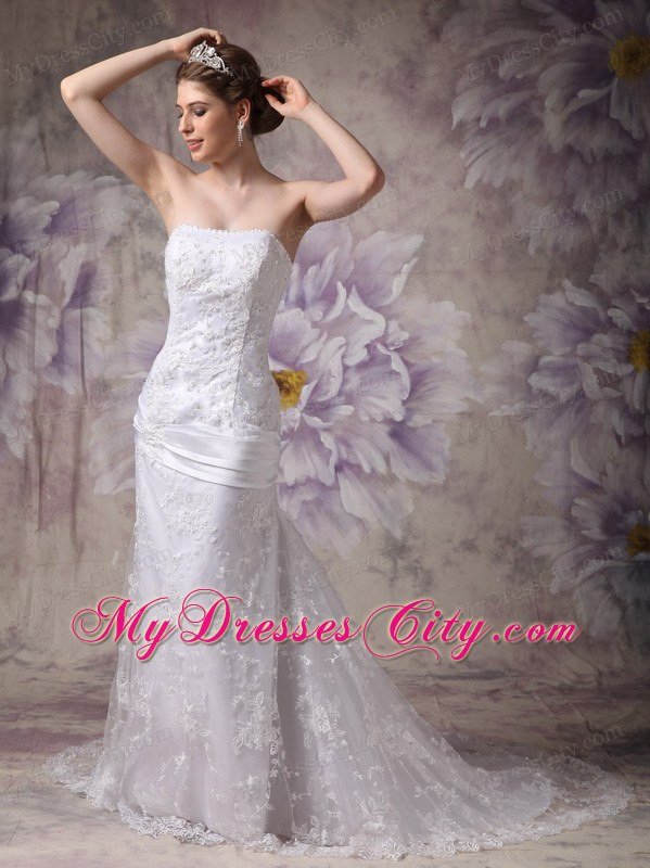 Mermaid Strapless Court Train Lace Appliques Dress for Wedding