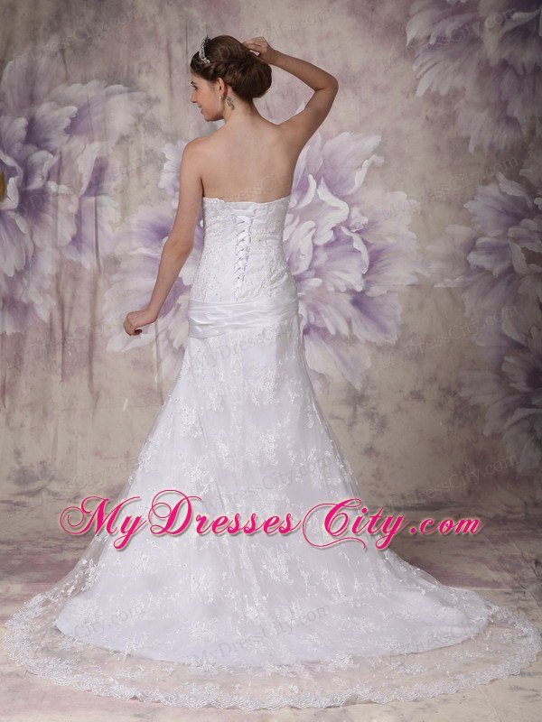 Mermaid Strapless Court Train Lace Appliques Dress for Wedding