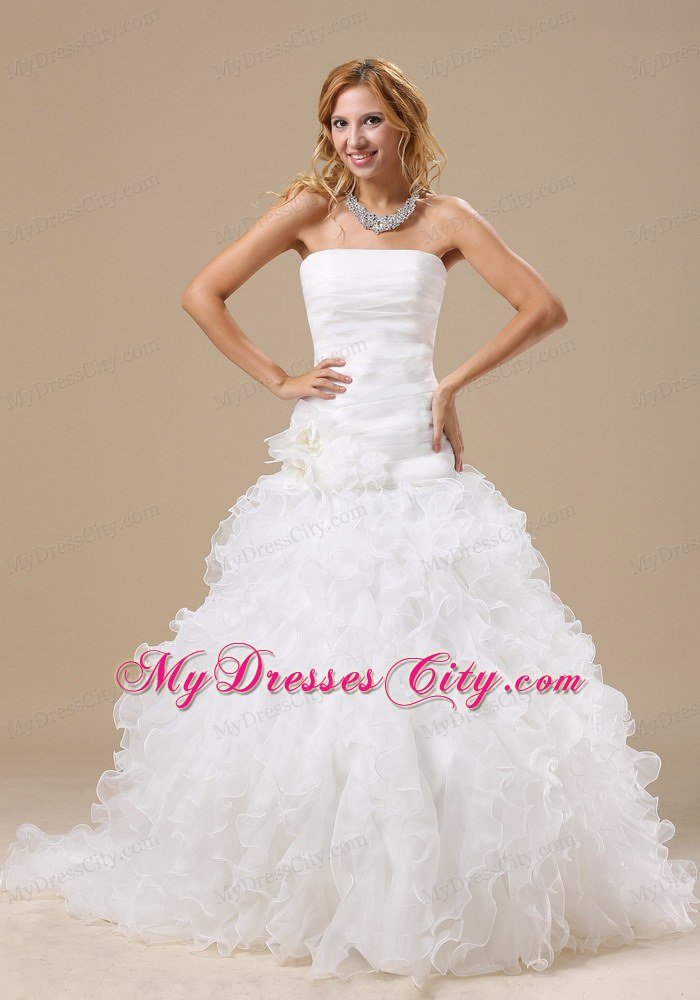 Ruffles Decorated Organza Wedding Dress with Hand Made Flowers