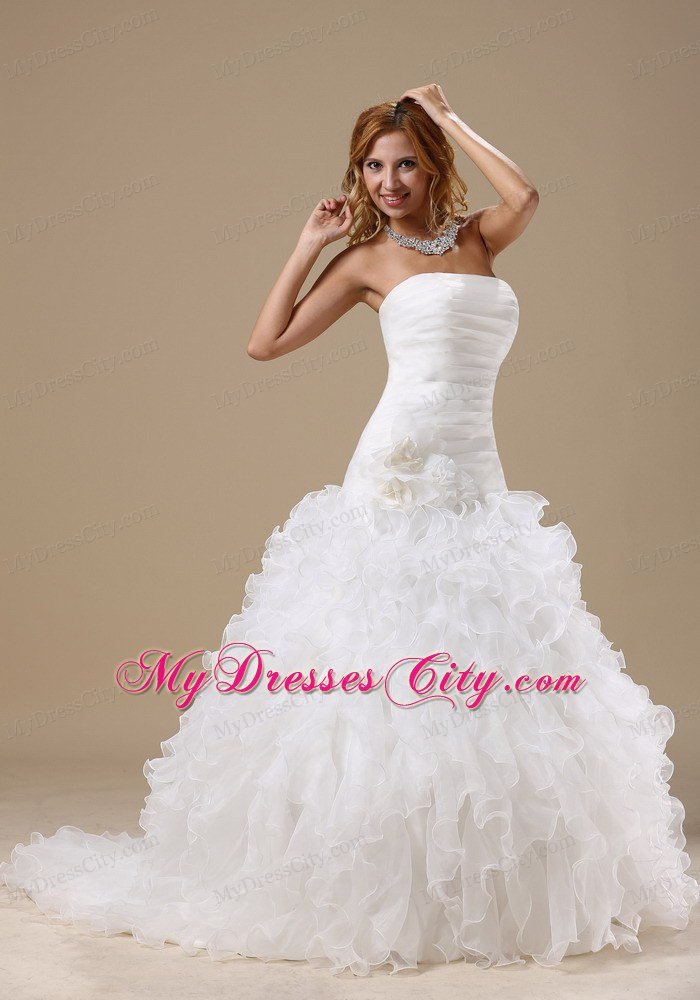 Ruffles Decorated Organza Wedding Dress with Hand Made Flowers