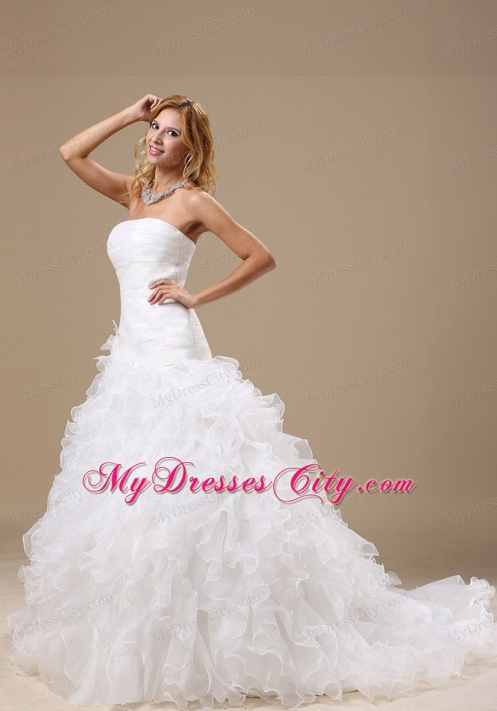 Ruffles Decorated Organza Wedding Dress with Hand Made Flowers