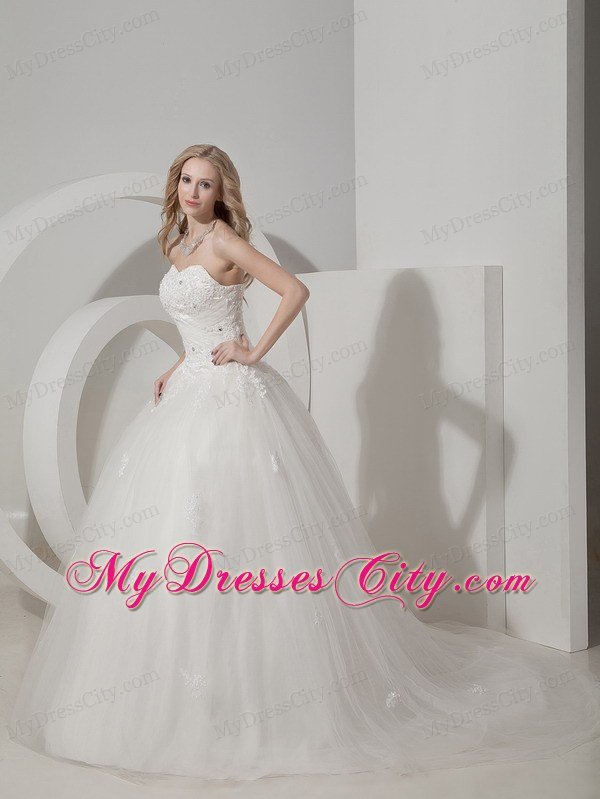 Ball Gown Court Train Tulle Appliques Decorated Wedding Dress