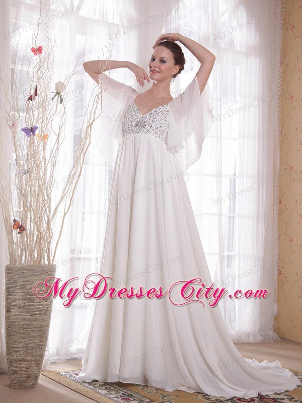 Princess V-neck Court Train Chiffon Beading Maternity Bride Dress