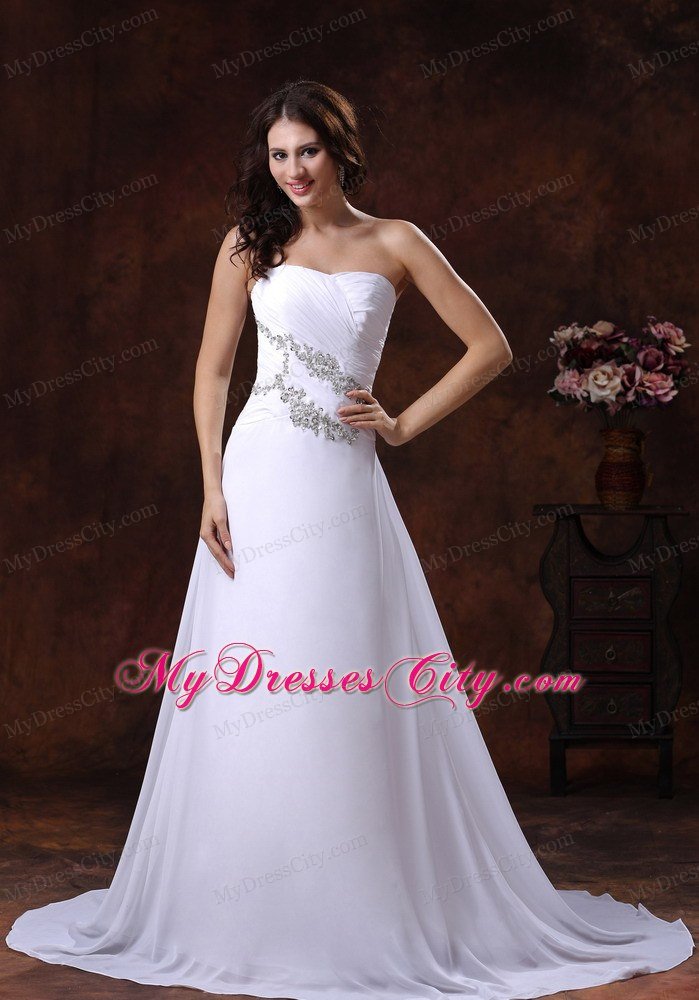 White Princess Strapless Court Train Beaded Chiffon Dress for Wedding