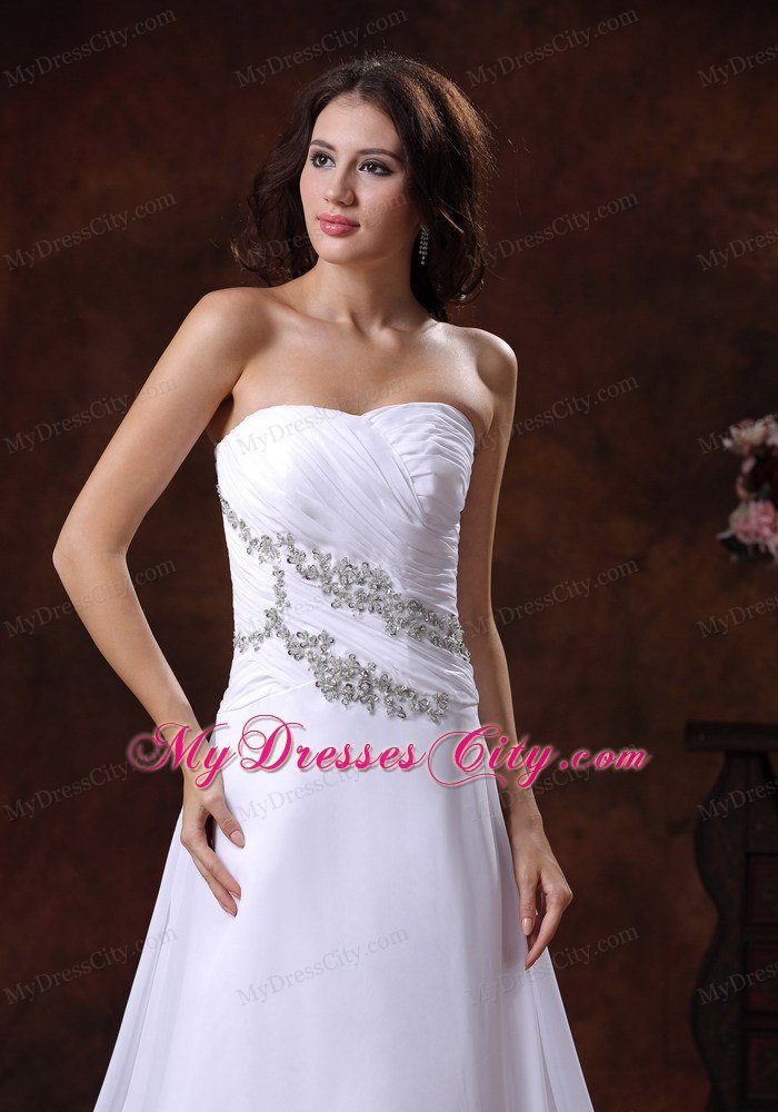 White Princess Strapless Court Train Beaded Chiffon Dress for Wedding