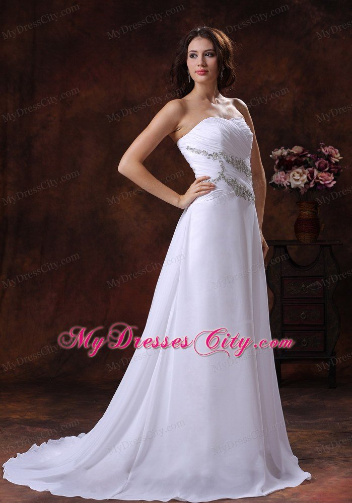 White Princess Strapless Court Train Beaded Chiffon Dress for Wedding