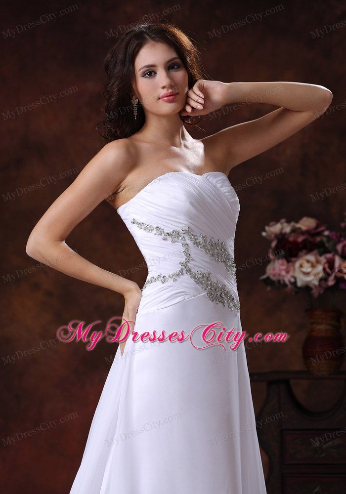 White Princess Strapless Court Train Beaded Chiffon Dress for Wedding