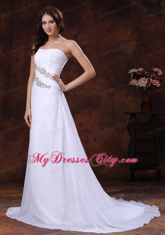 White Princess Strapless Court Train Beaded Chiffon Dress for Wedding