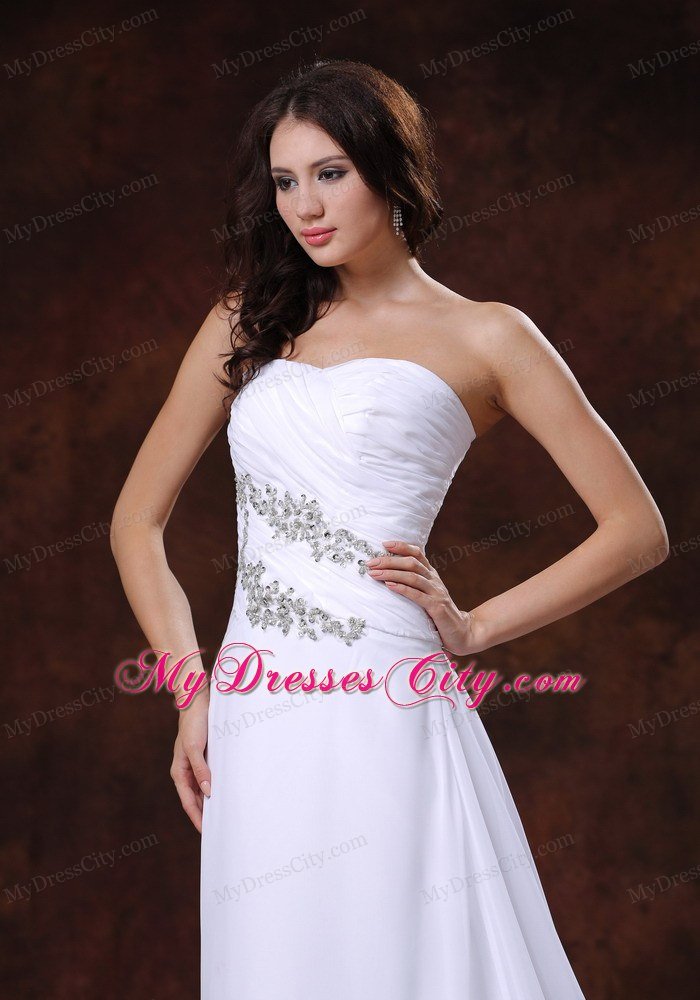 White Princess Strapless Court Train Beaded Chiffon Dress for Wedding