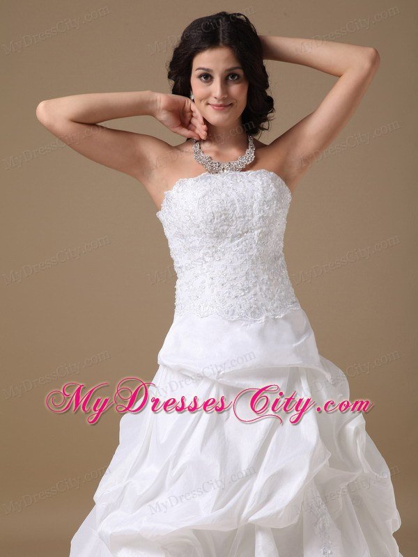 Ruffles and Lace Decorated Strapless Court Train Taffeta Wedding Dress