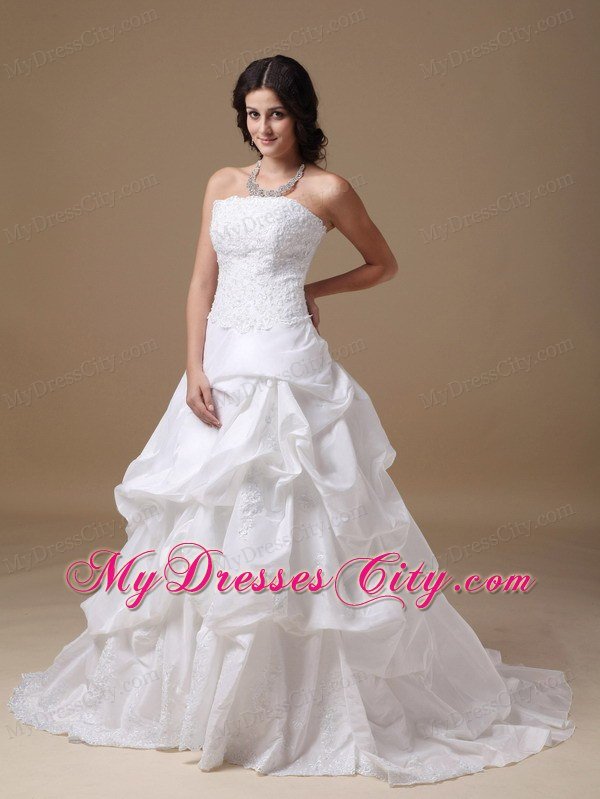 Ruffles and Lace Decorated Strapless Court Train Taffeta Wedding Dress