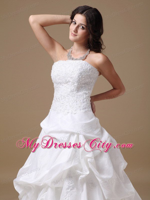 Ruffles and Lace Decorated Strapless Court Train Taffeta Wedding Dress