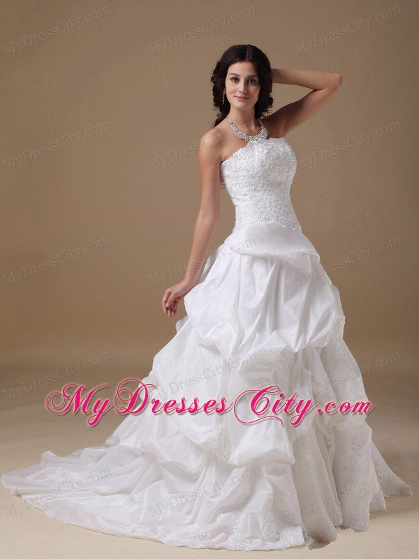 Ruffles and Lace Decorated Strapless Court Train Taffeta Wedding Dress