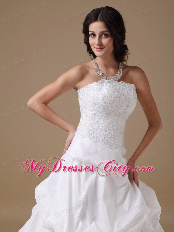 Ruffles and Lace Decorated Strapless Court Train Taffeta Wedding Dress