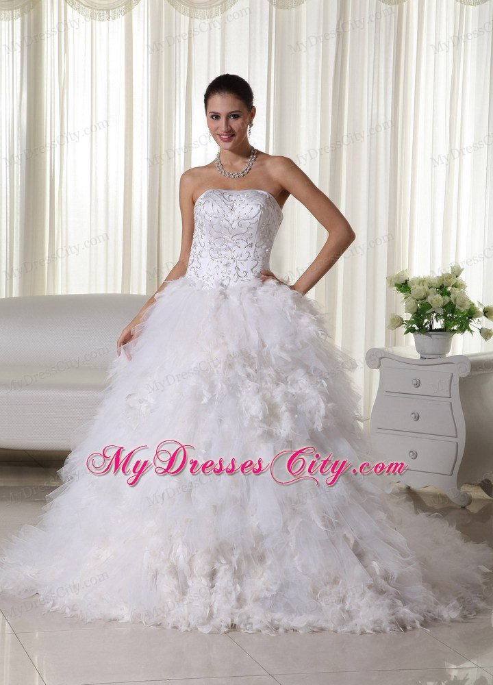 Ruffles Strapless Chapel Train Wedding Dress with Embroidery