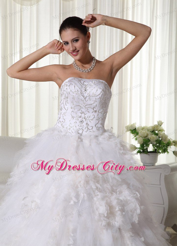 Ruffles Strapless Chapel Train Wedding Dress with Embroidery