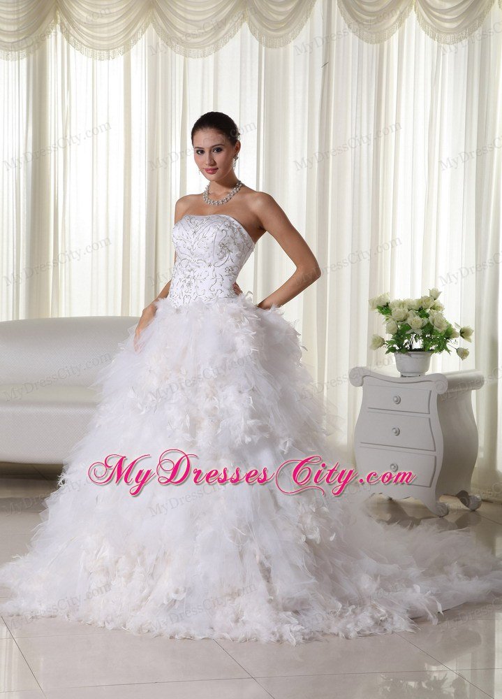 Ruffles Strapless Chapel Train Wedding Dress with Embroidery