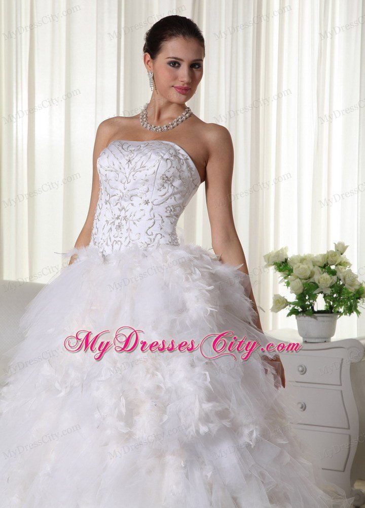 Ruffles Strapless Chapel Train Wedding Dress with Embroidery