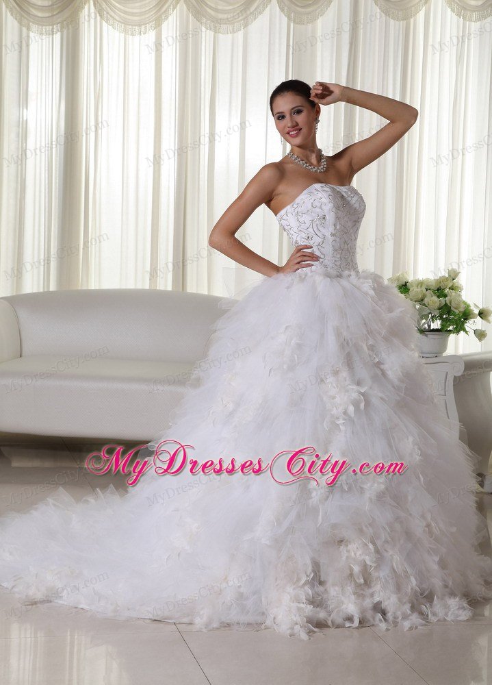 Ruffles Strapless Chapel Train Wedding Dress with Embroidery