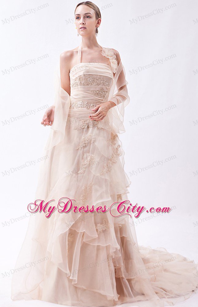 Elegant Column Halter Lace Appliques Summer Wedding Gowns Champagne