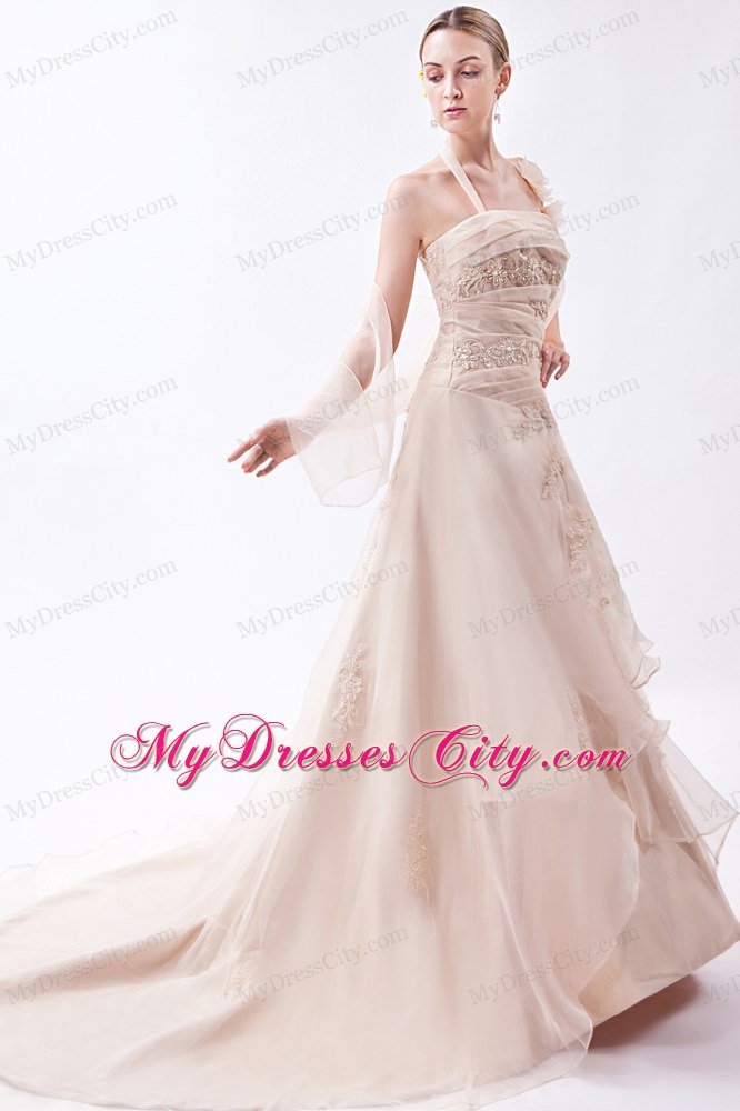 Elegant Column Halter Lace Appliques Summer Wedding Gowns Champagne