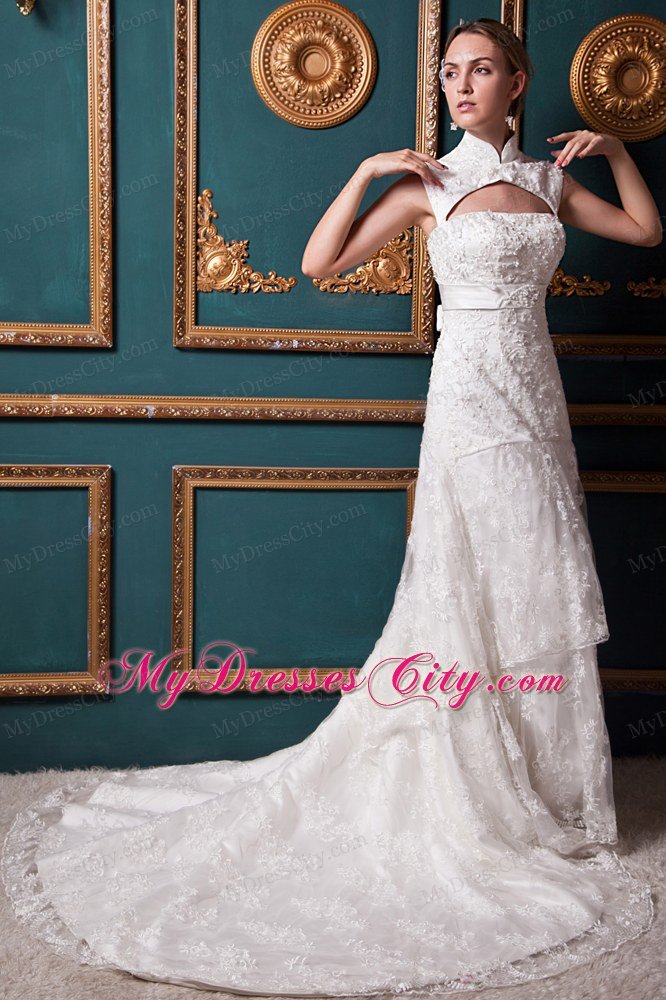 Sexy A-line High-low Lace Sash 2013 Wedding Dress with Heart Back