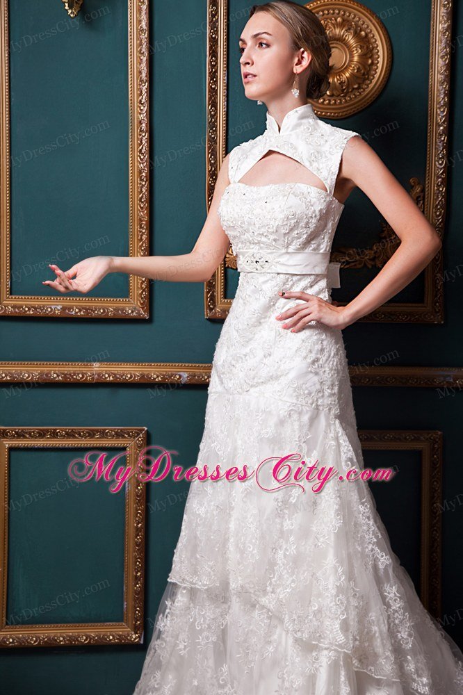 Sexy A-line High-low Lace Sash 2013 Wedding Dress with Heart Back