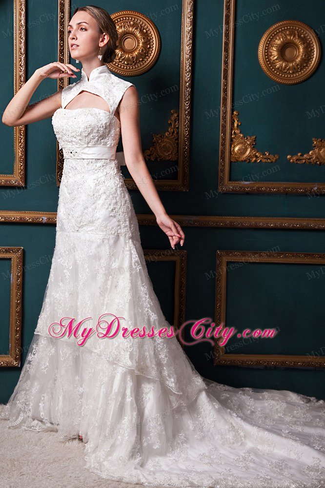 Sexy A-line High-low Lace Sash 2013 Wedding Dress with Heart Back