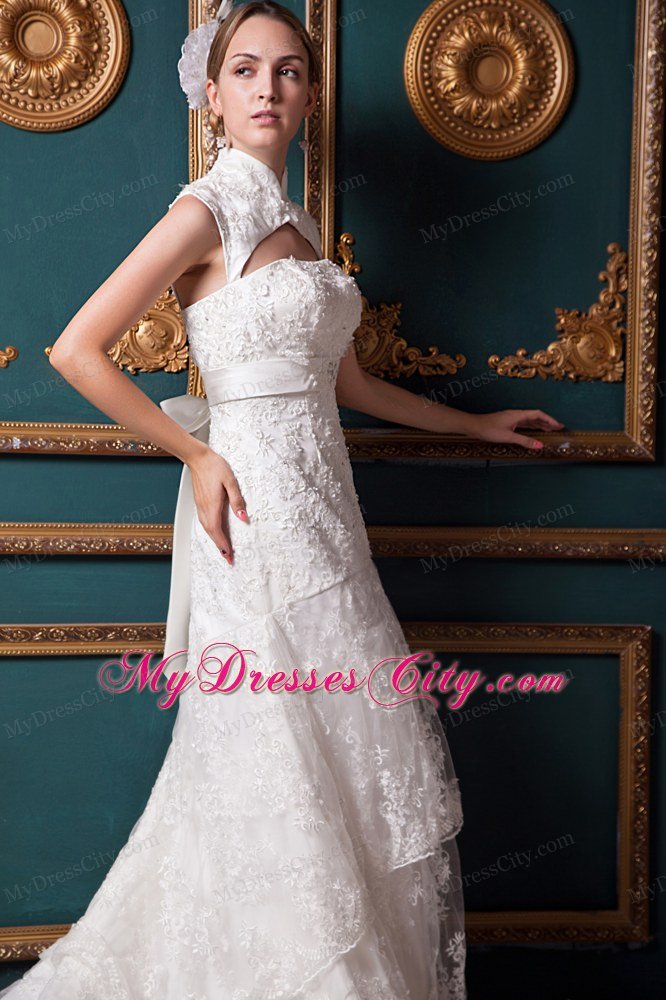 Sexy A-line High-low Lace Sash 2013 Wedding Dress with Heart Back