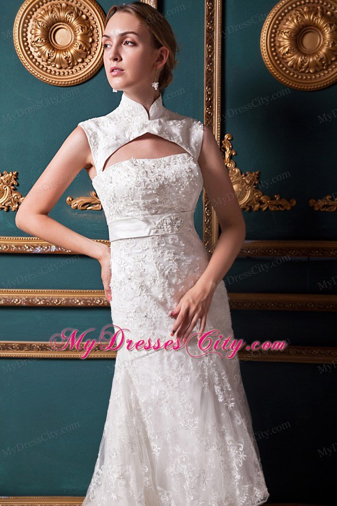 Sexy A-line High-low Lace Sash 2013 Wedding Dress with Heart Back