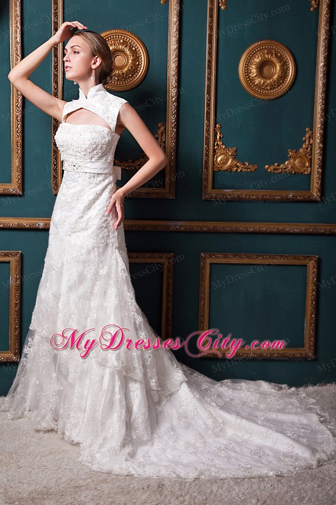 Sexy A-line High-low Lace Sash 2013 Wedding Dress with Heart Back