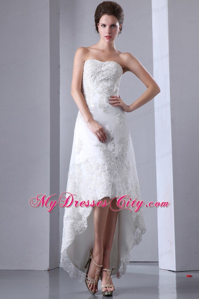 Discount Column Strapless High-low Lace Appliques Wedding Dress