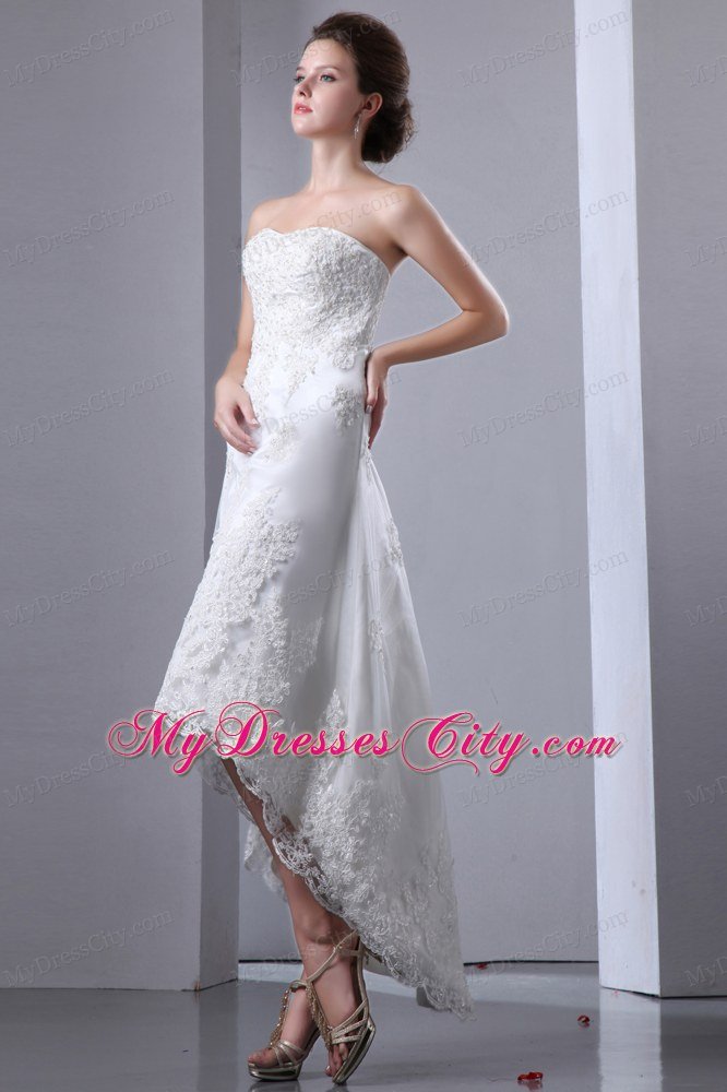 Discount Column Strapless High-low Lace Appliques Wedding Dress